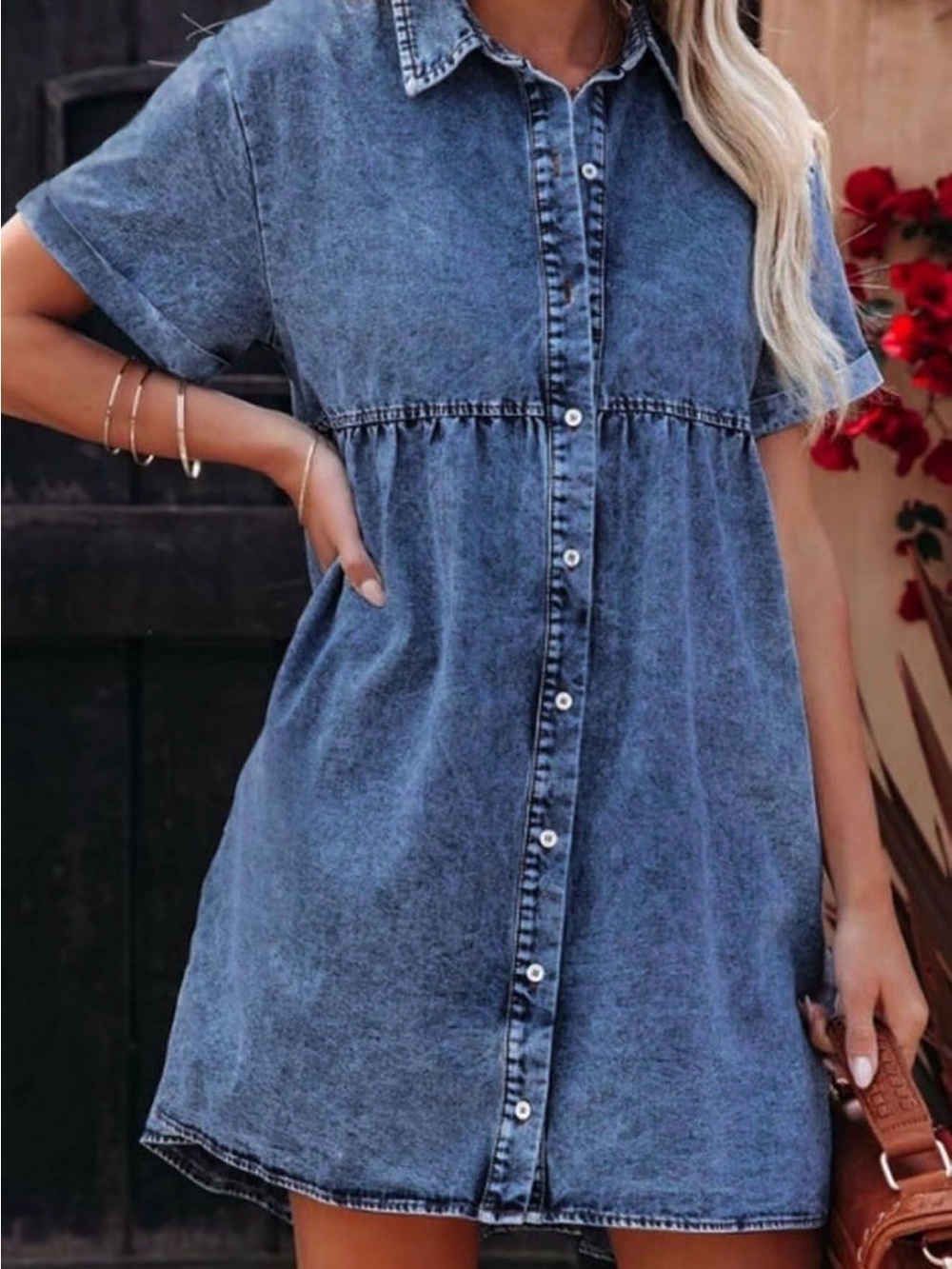 Amazon Blue Washed Denim Button-Front Mini Dress